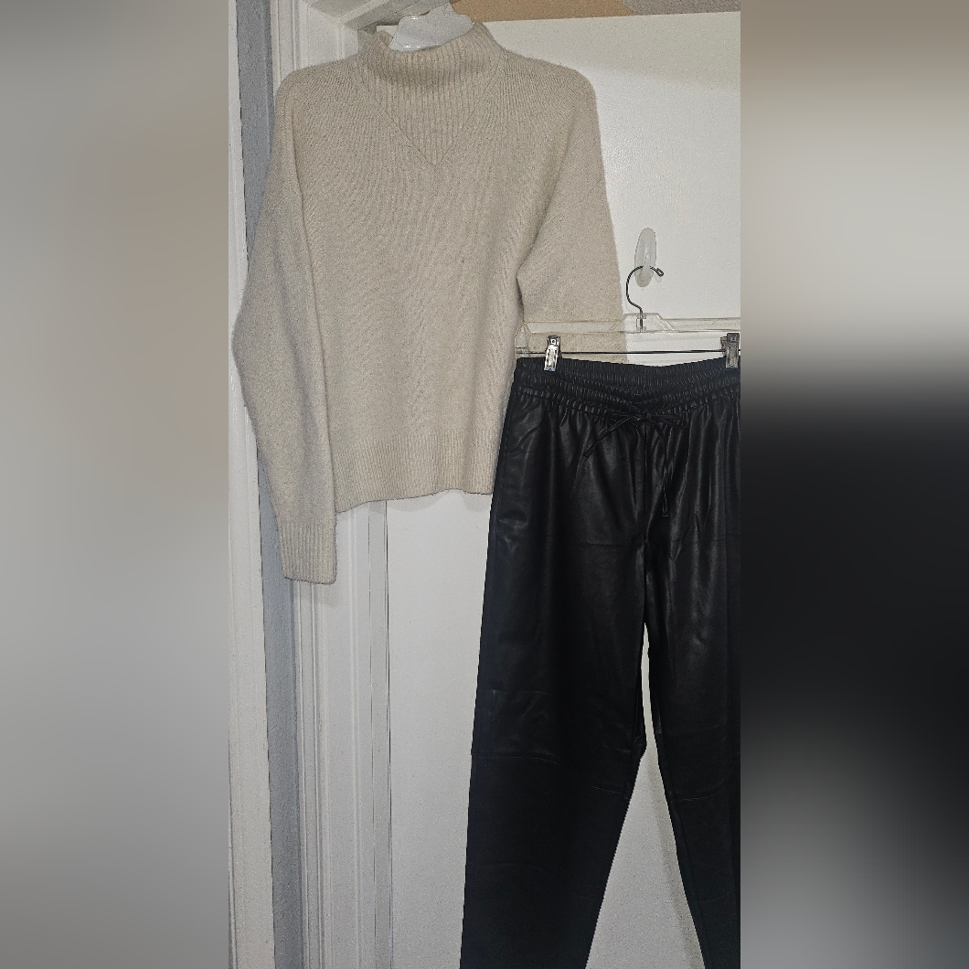 Cream Sweater And Black Leather Pants